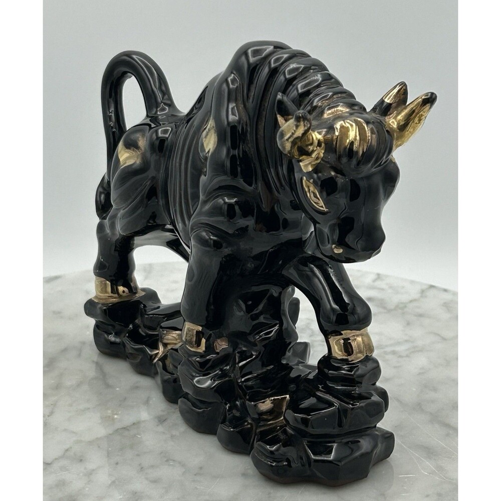 Vtg MCM Japanese Bull Pottery Black & Gold Hand Painted Accents Red Clay - Picture 2 of 8